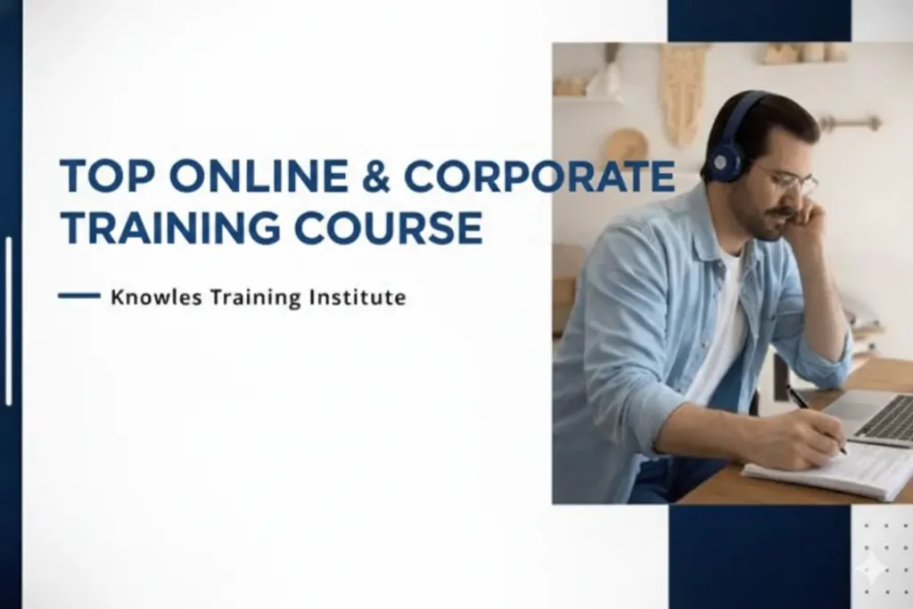 Online and Corporate Training Course- A man with glasses and blue headphones sitting at a desk, writing in a notebook next to a laptop.