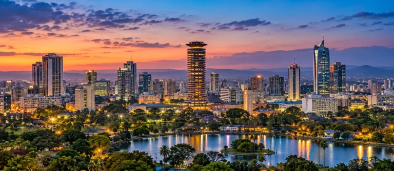 View of the Nairobi skyline and Uhuru Park at dusk