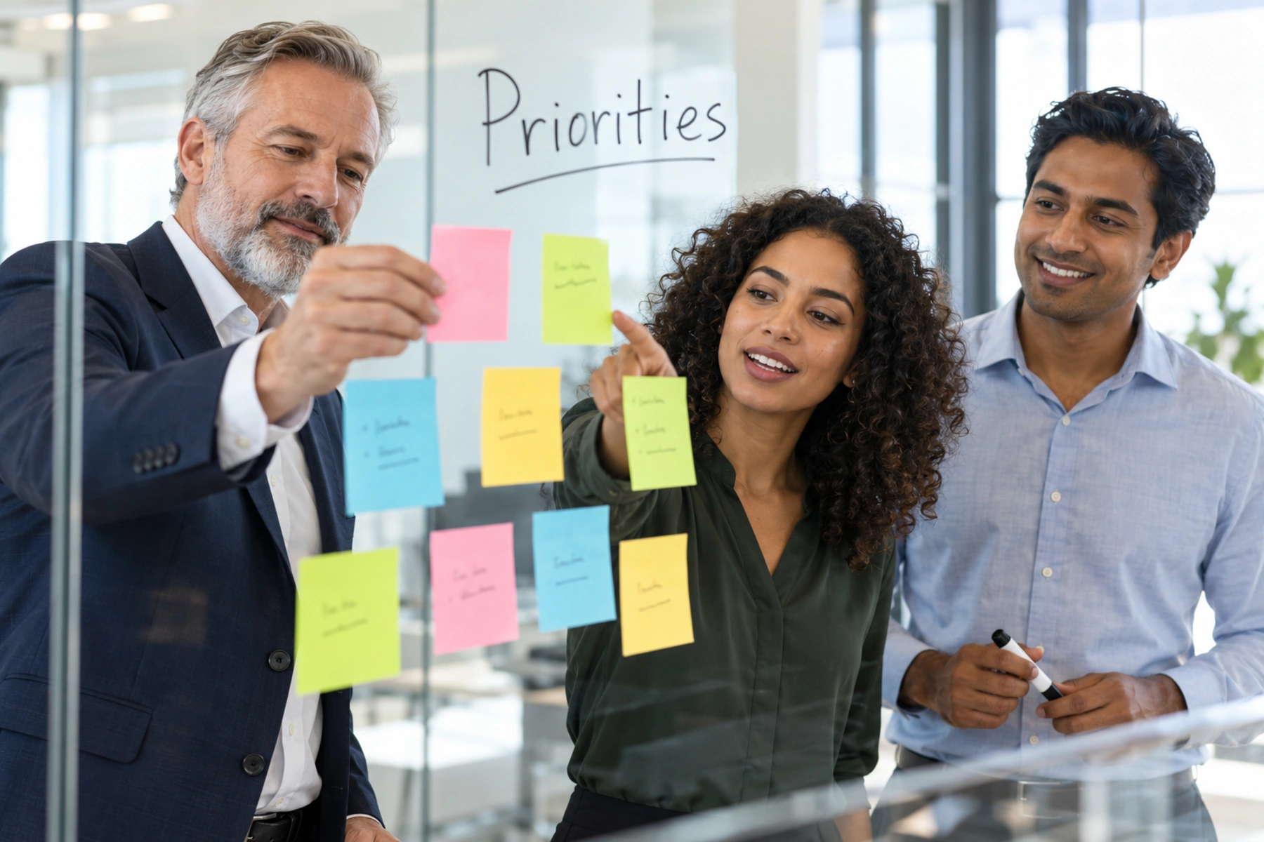 Three colleagues placing and pointing at colourful sticky notes on a glass wall under the handwritten word Priorities