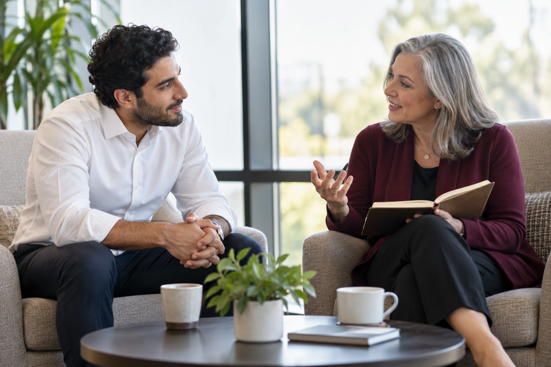A mentor holding an open notebook in a one-to-one coaching conversation with a younger colleague in armchairs by a window