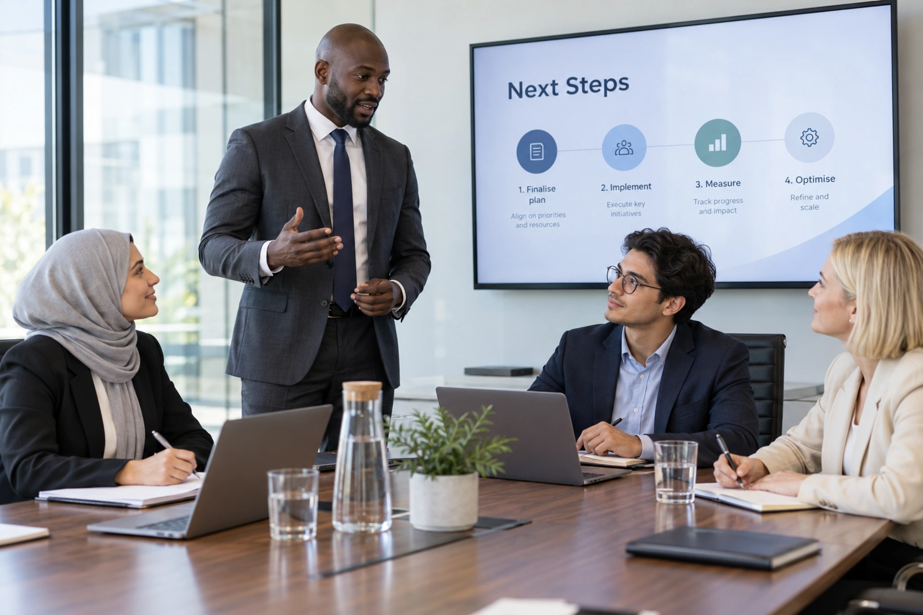 A leader standing at the head of a boardroom table explaining a Next Steps slide to colleagues taking notes
