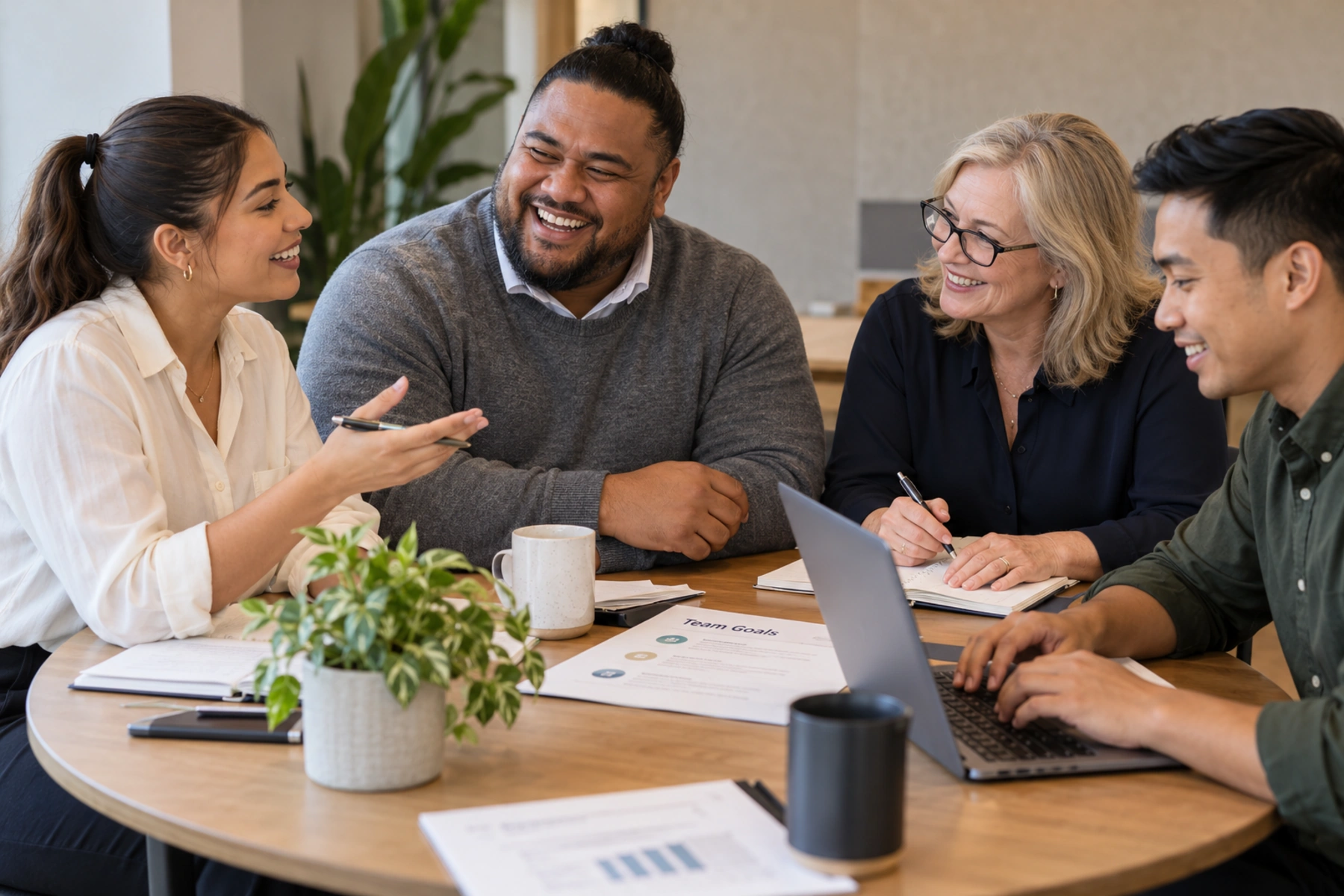 Four colleagues laughing together around a round table with a Team Goals worksheet and a laptop