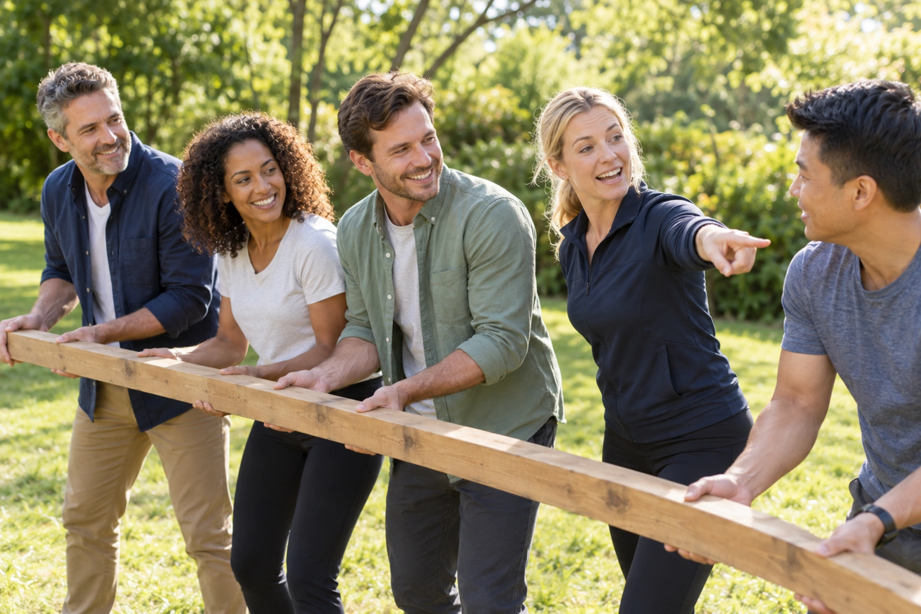 A team carrying a long wooden plank together on a sunny lawn while one teammate points the way during an outdoor challenge