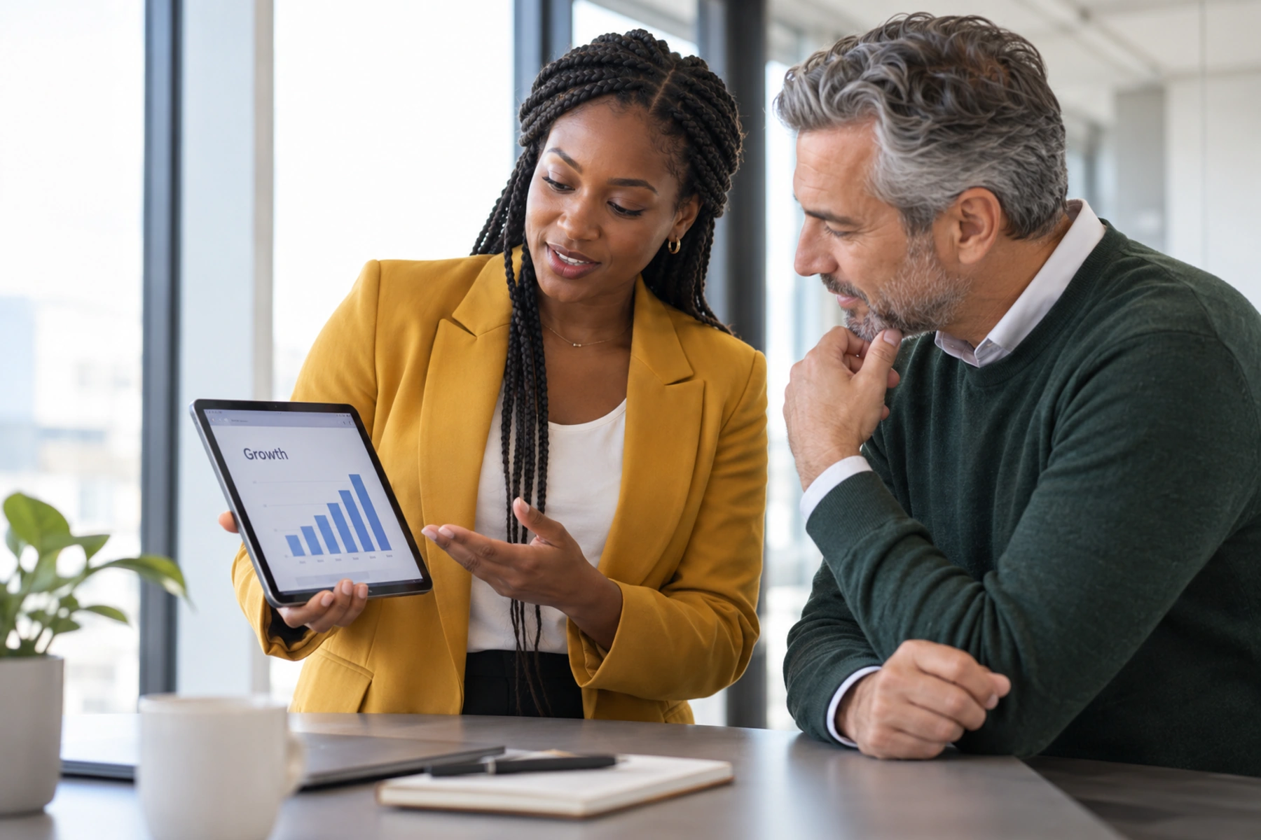 A woman in a mustard blazer showing a Growth bar chart on a tablet to a thoughtful colleague