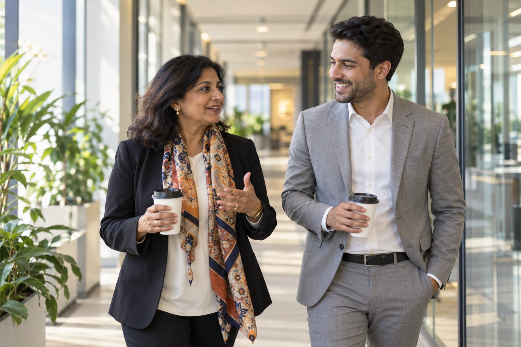 A senior leader and a younger colleague walking and talking with coffee cups along a bright office corridor