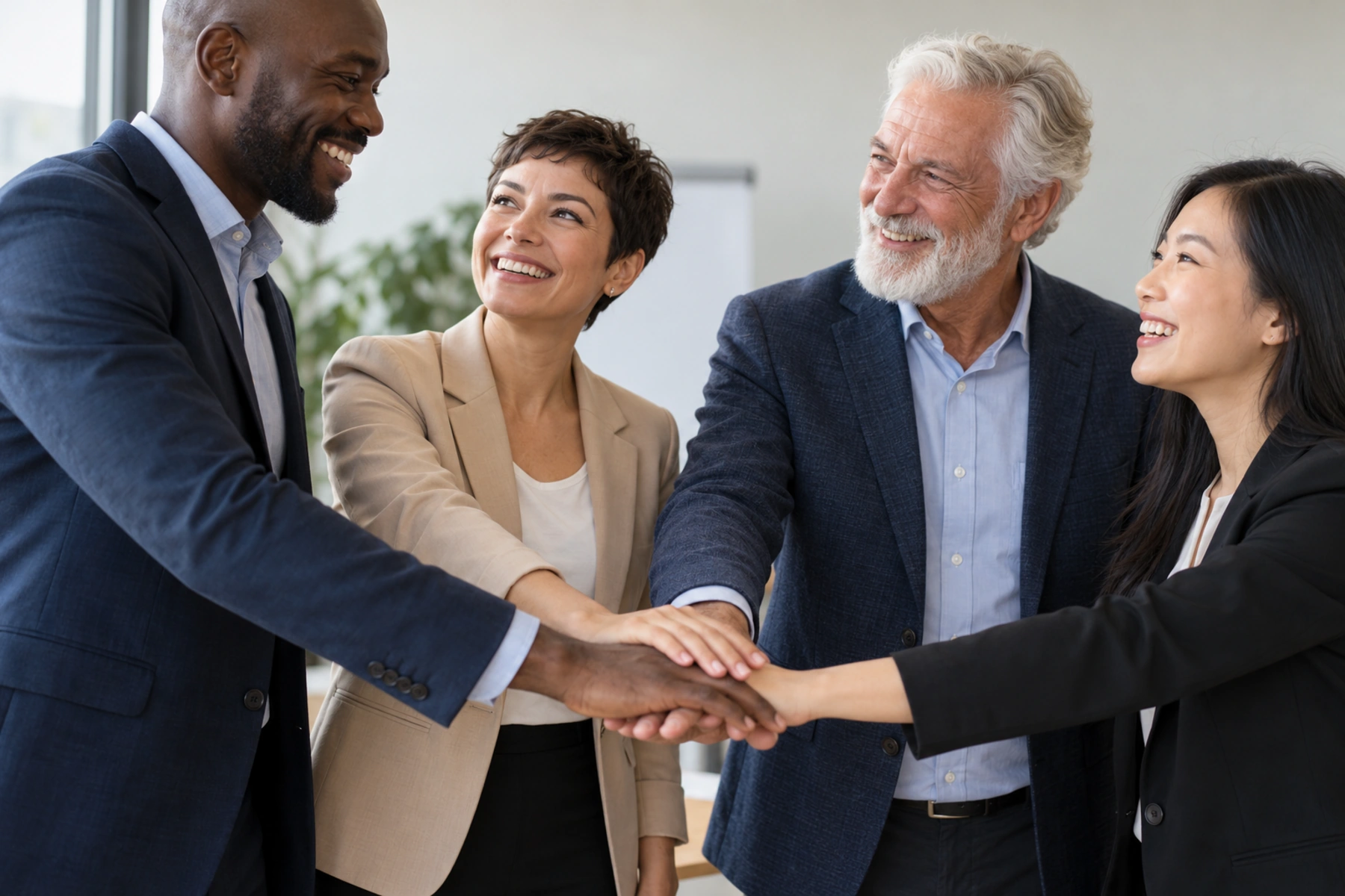 A smiling team stacking their hands together in the middle at the end of a workshop