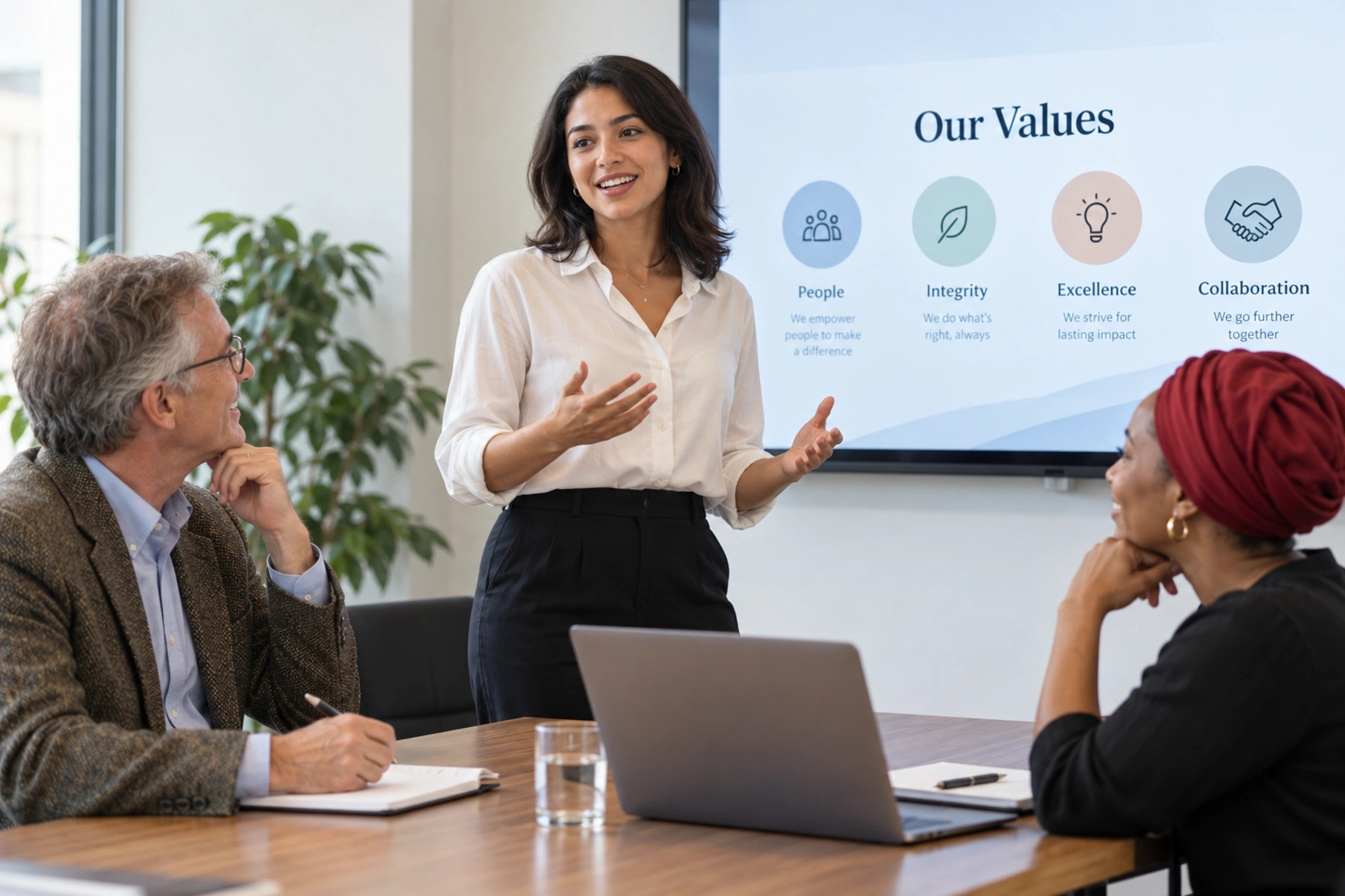 A participant presenting an Our Values slide to two colleagues seated at a meeting table