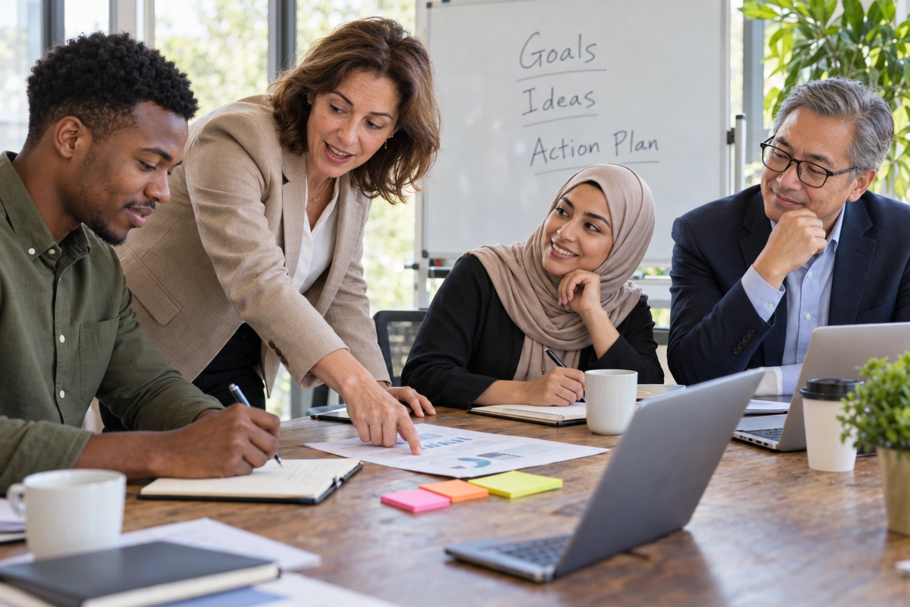 An international leadership team working together at a meeting table, with a facilitator pointing at a printed chart and a whiteboard reading Goals, Ideas and Action Plan