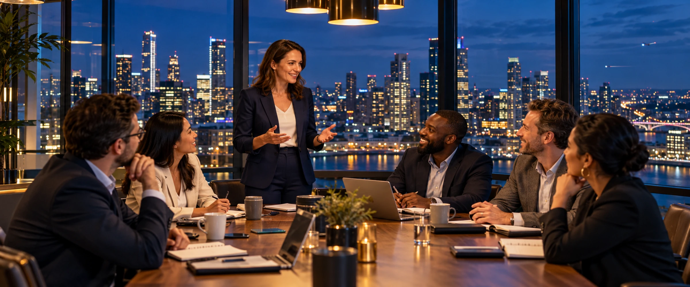 A facilitator leading a lively training discussion with professionals around a long table in a high-rise room, with a city skyline at blue hour through the windows