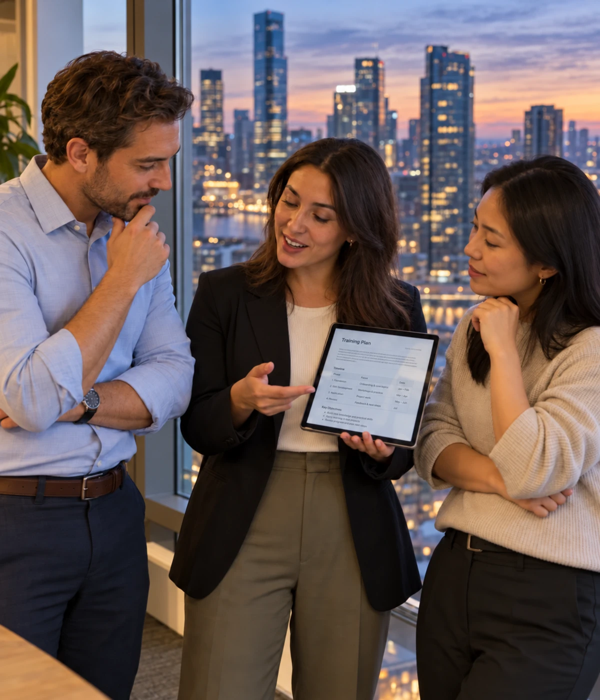 A trainer showing a training plan on a tablet to two colleagues beside a window overlooking a city skyline at dusk
