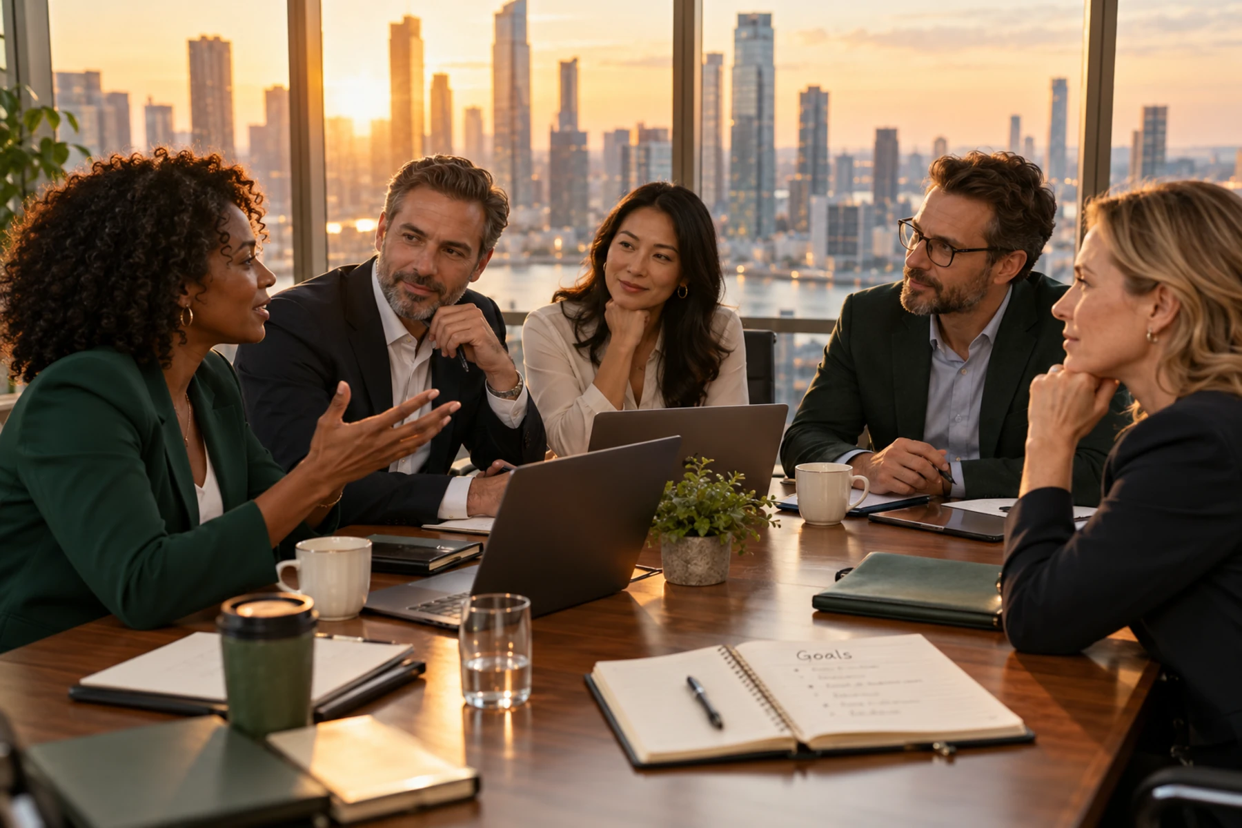 A leadership team of five in discussion around a boardroom table at sunset, with a city skyline through the windows and an open notebook headed Goals