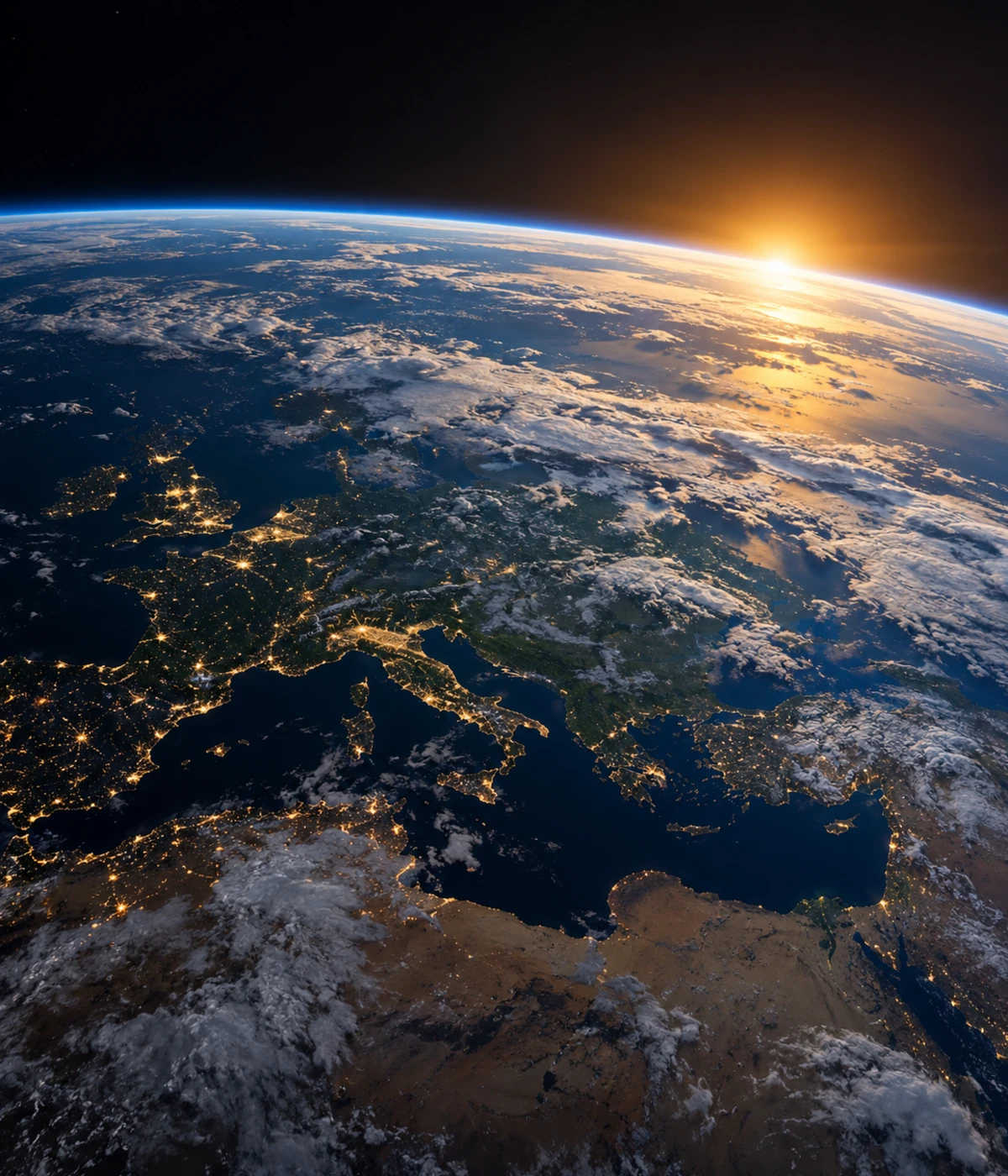 Earth seen from orbit at sunrise, with city lights glowing across the night side
