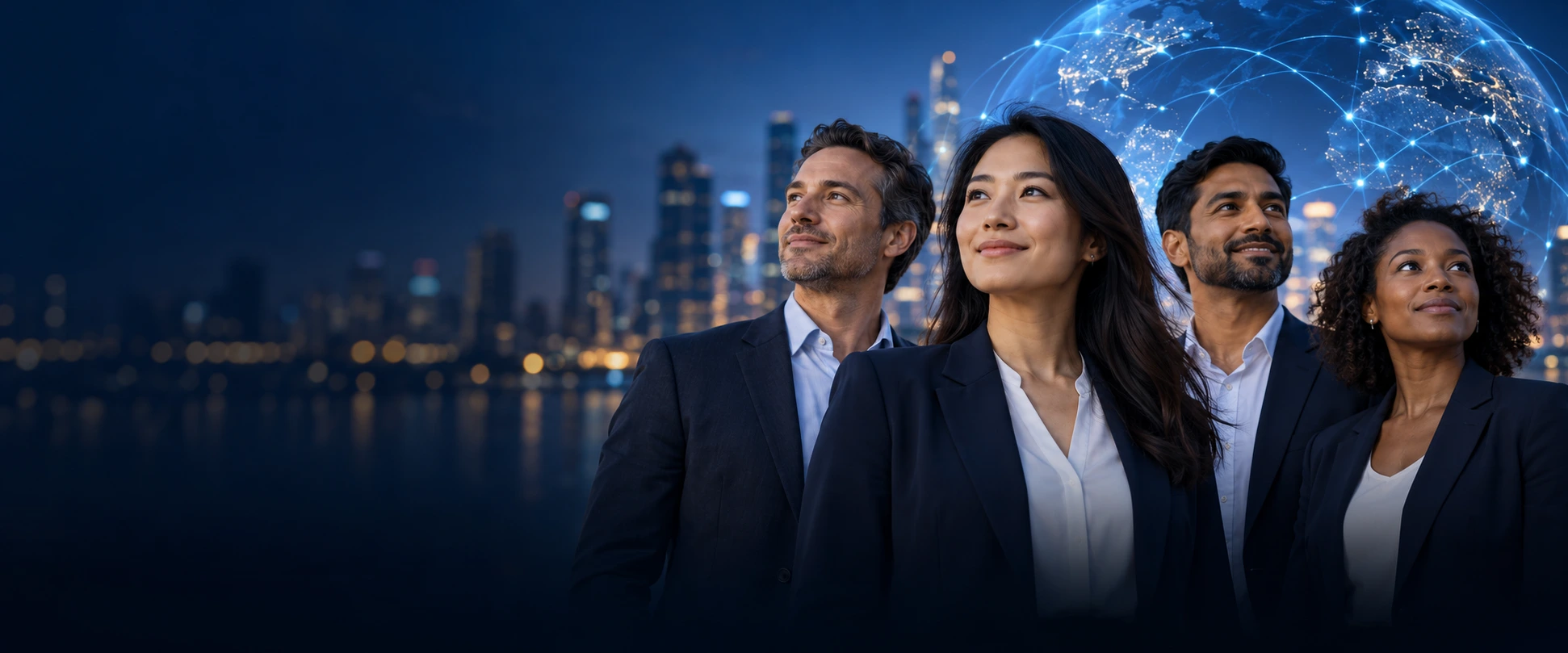 An international team of four professionals in front of a city skyline at night, with a glowing global network behind them