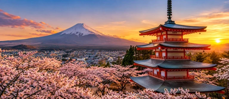View of a five-storey pagoda among cherry blossoms with Mount Fuji at sunset