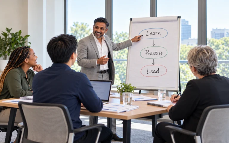 A trainer leading a workshop at a whiteboard with participants