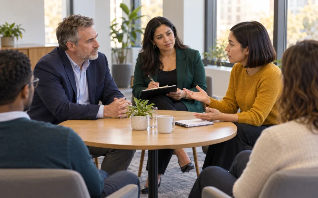 A facilitator taking notes on a clipboard as two participants practise a workplace conversation at a round table, with colleagues looking on