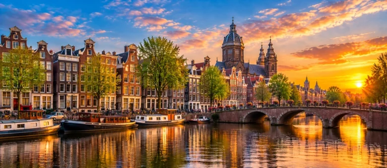 View of Amsterdam canal houses and a church spire along the water at sunset