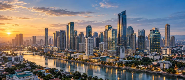 View of the Metro Manila skyline and riverfront at sunset