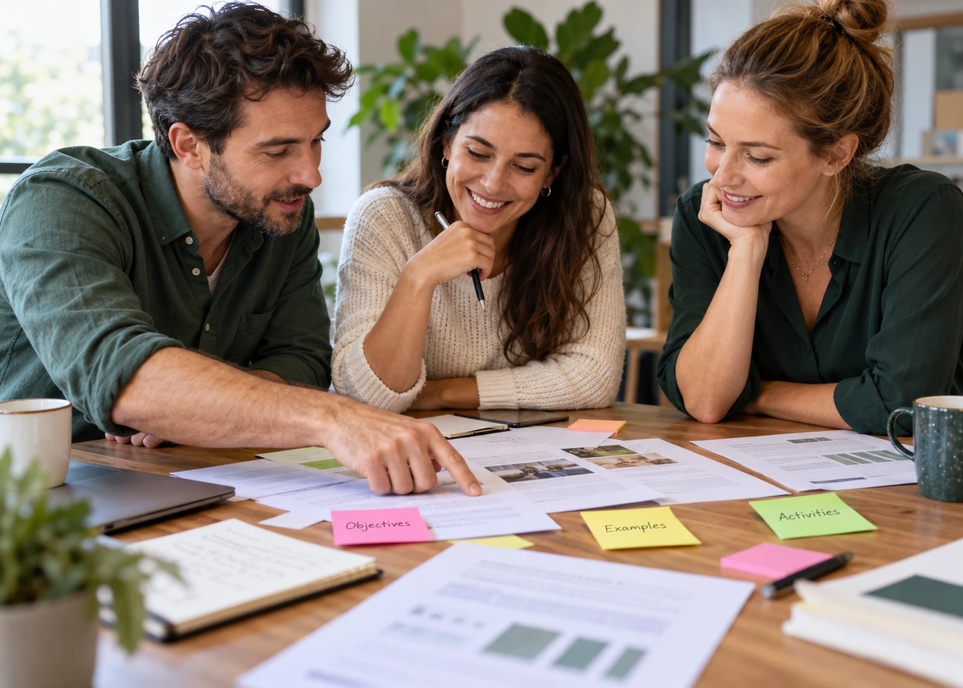 Three colleagues smiling as they plan a training programme with printed pages and sticky notes labelled Objectives, Examples and Activities