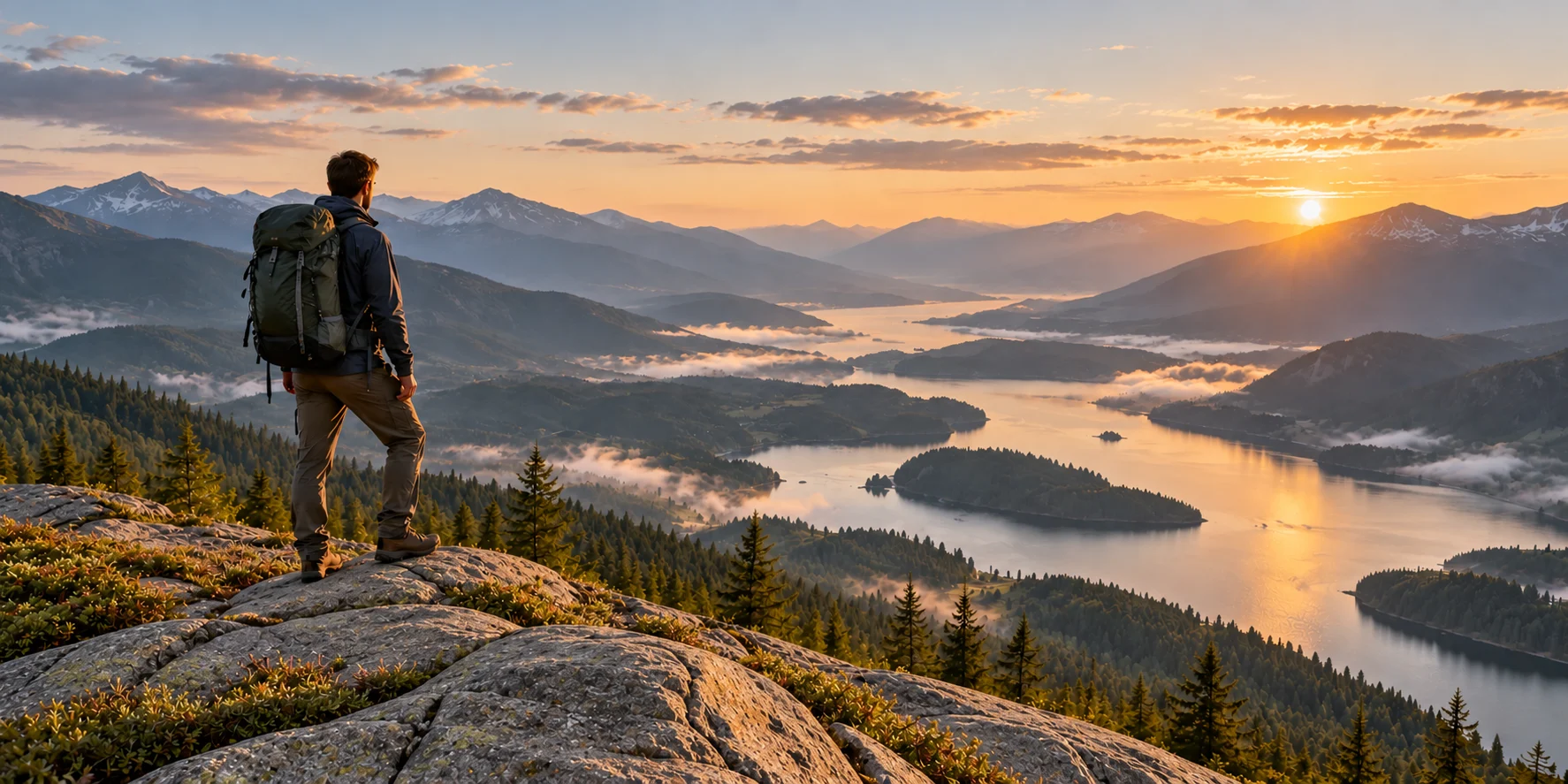 A hiker with a backpack standing on a rocky ridge, looking over a misty mountain valley and lake at sunrise