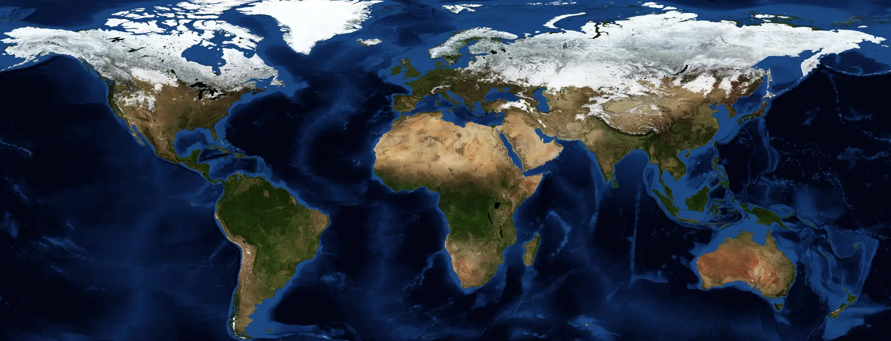 Satellite map of the world showing the continents, oceans and terrain