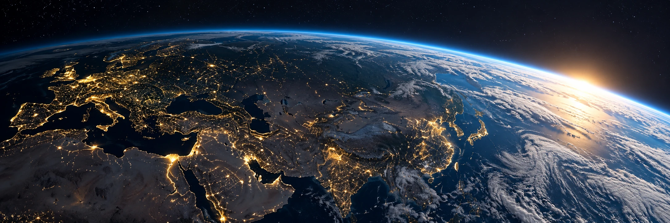 Earth seen from orbit at night, with golden city lights across Europe, the Middle East and Asia and the sun rising over the horizon